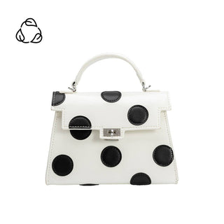 White handbag with black polka dots.
