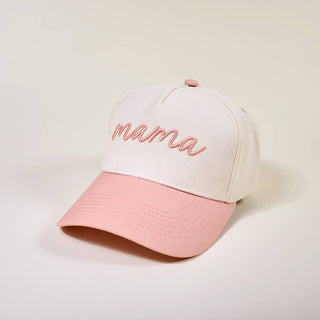 Pink and white cap with 'mama' embroidery.