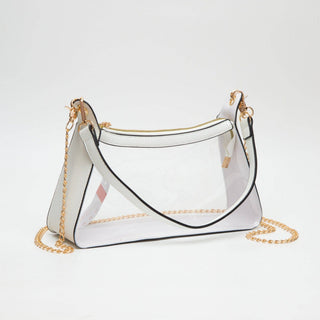 Clear handbag with gold chain strap.