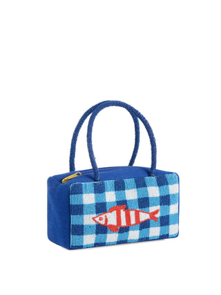 Small rectangular handbag with blue and white checkered pattern and red fish design.