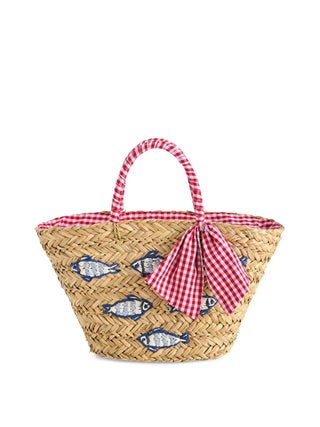 Woven bag with red and white checkered handle and decorative fish patterns.