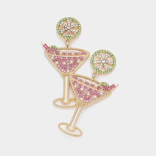 Pair of martini glass-shaped earrings with pink and green gemstones.