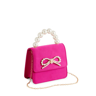 Pink handbag with pearl handle and bow detail 
