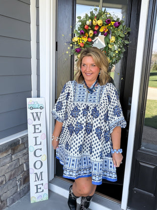 blue abstract print babydoll dress