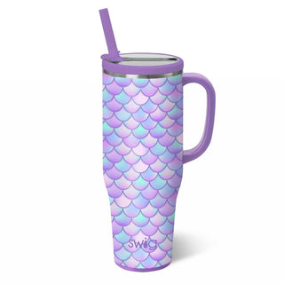 Mermaid scale pattern tumbler with a handle and straw.