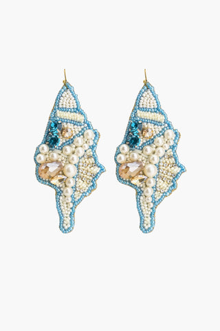 Pair of decorative shell earrings with pearls and blue accents by America & Beyond.