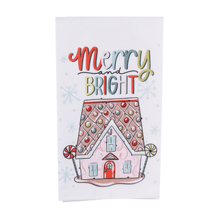 Tea Towel with a gingerbread house and 'Merry and Bright' text 