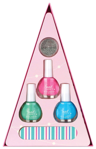 Set of three nail polish bottles in a pink tree box.