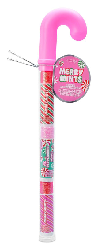 Pink candy cane-shaped lip balm holder with 'Merry Mints' label 