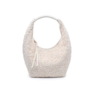 Ivory woven handbag with lace overlay detail.