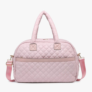 Pink quilted duffle bag with a shoulder strap 