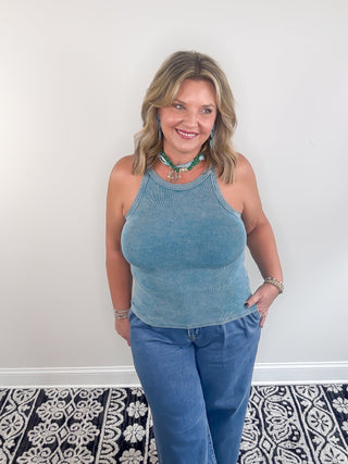 blue ribbed tank top
