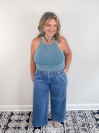 Mineral Washed Stretchy Ribbed Tank Top | Turqouise