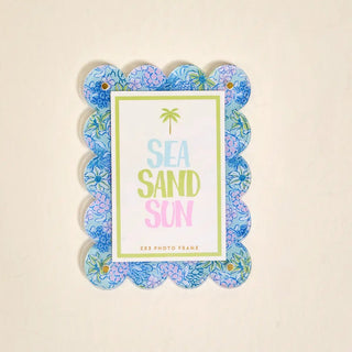 Decorative mini photo frame magnet with floral design and 'Sea Sand Sun'.