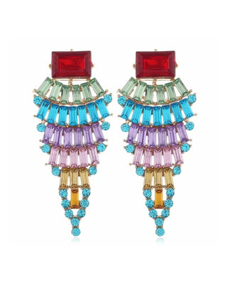Multicolored tiered earrings with red, green, blue, purple, and gold elements