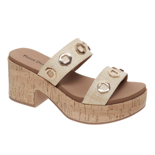 Beige sandal with cork platform and decorative straps.