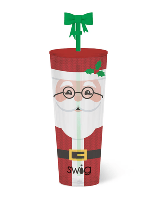 Swig plastic tumbler with Santa Claus design and green bow straw topper.