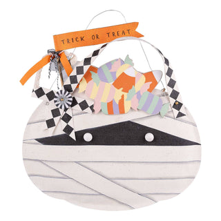 Halloween-themed burlee sign with a mummy design, colorful treats, and 'Trick or Treat' banner.