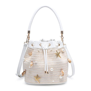 White woven bucjket handbag with starfish and shell decorations.