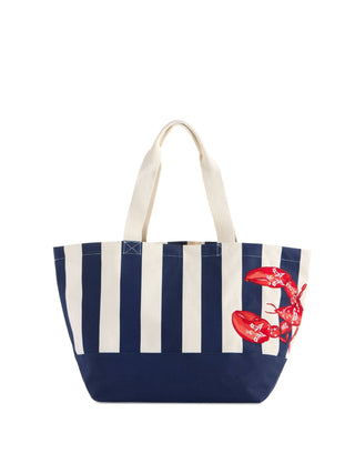 Navy and white striped tote bag with a red lobster design.