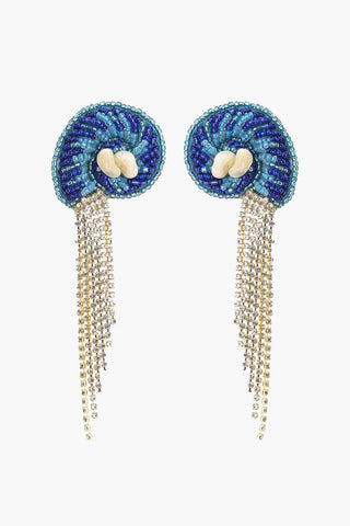 Pair of blue nautilus beaded earrings by America & Beyond.