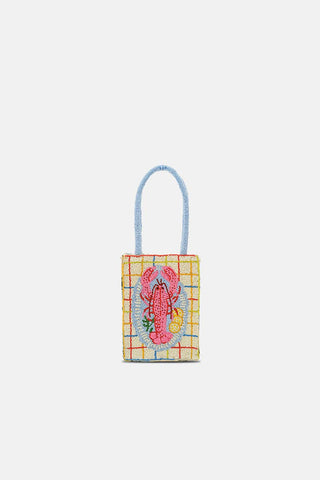 Small tote bag with a colorful pattern and lobster design.