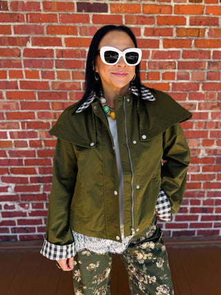 Olive Green Combo Jacket, crafted from 100% cotton with a stylish plaid lining.