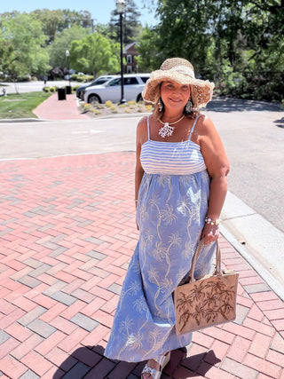 Palm Tree Embroidered Back-Bow Maxi Dress