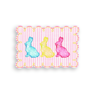 Decorative doormat with colorful bunny designs on a striped pink and white background, 