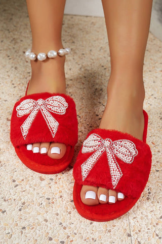 Red plush slippers with pearl rhinestone embellished bows 
