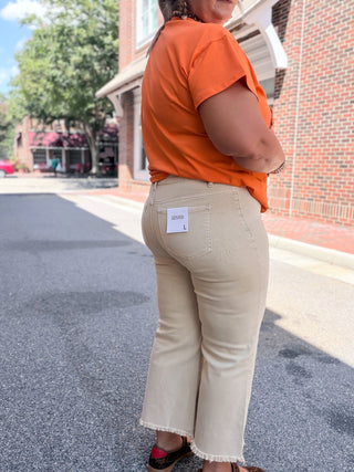 Peyton High Waist Frayed Hem Denim | Sand Beige