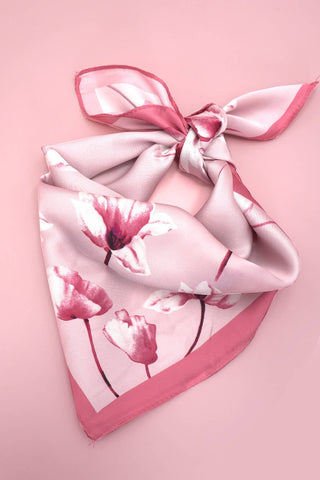 Pink Flower Print Silky Bandana Scarf