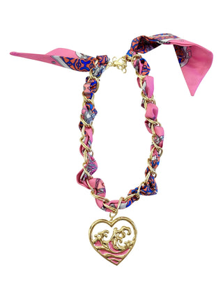 Pink scarf chain Necklace with gold heart pendant.