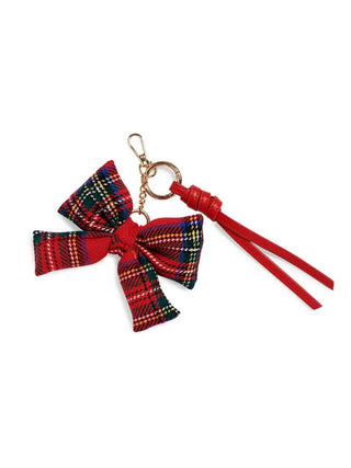 Plaid bow bag charm or keychain with red tassel