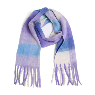 Plaid scarf with purple, blue, and white colors 