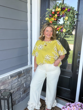 cream ruffle hem pants