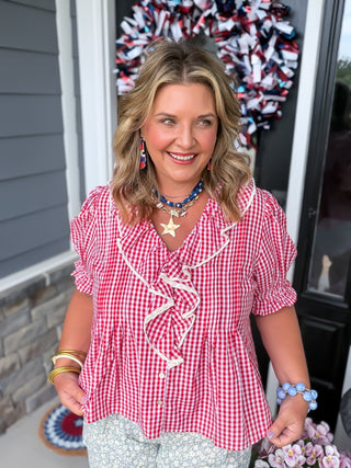red and white gingham blouse