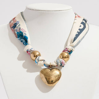 Scarf necklace with gold puffy heart pendant