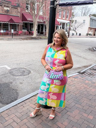 Queen Of Sparkles | Checkered Easter Bunny Knit Midi Dress