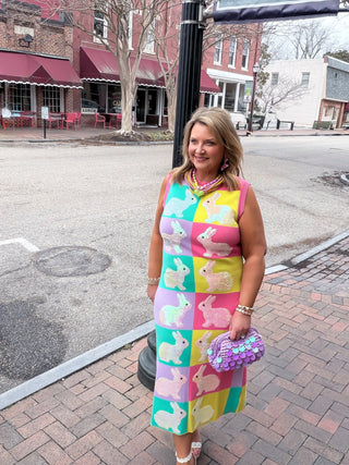 Queen Of Sparkles | Checkered Easter Bunny Knit Midi Dress