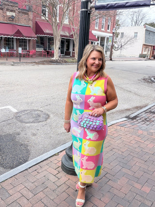 Queen Of Sparkles | Checkered Easter Bunny Knit Midi Dress
