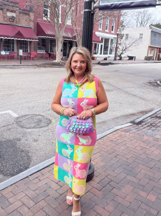 Queen Of Sparkles | Checkered Easter Bunny Knit Midi Dress