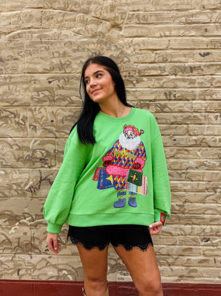 Queen Of Sparkles | Colorful Shopping Santa Sweatshirt | Bright Green