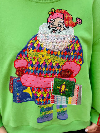 Queen Of Sparkles | Colorful Shopping Santa Sweatshirt | Bright Green