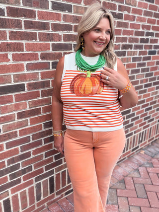 Queen Of Sparkles | Ivory & Orange Striped Pumpkin Knit Tank