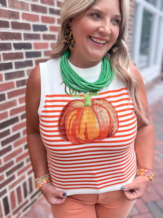 Queen Of Sparkles | Ivory & Orange Striped Pumpkin Knit Tank