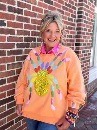  Spider On Web Sweatshirt by Queen of Sparkles.. orange sweatshirt with multi color spirder on rhinestone web