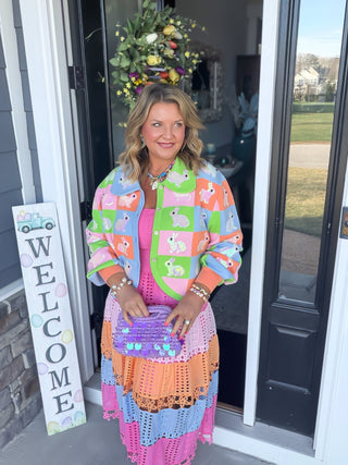 Queen Of Sparkles | Pastel Colorblock Bunny Sequin Cardigan