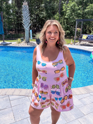 Queen Of Sparkles | Pink Multi Sunglasses Tank Romper