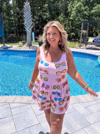 Queen Of Sparkles | Pink Multi Sunglasses Tank Romper